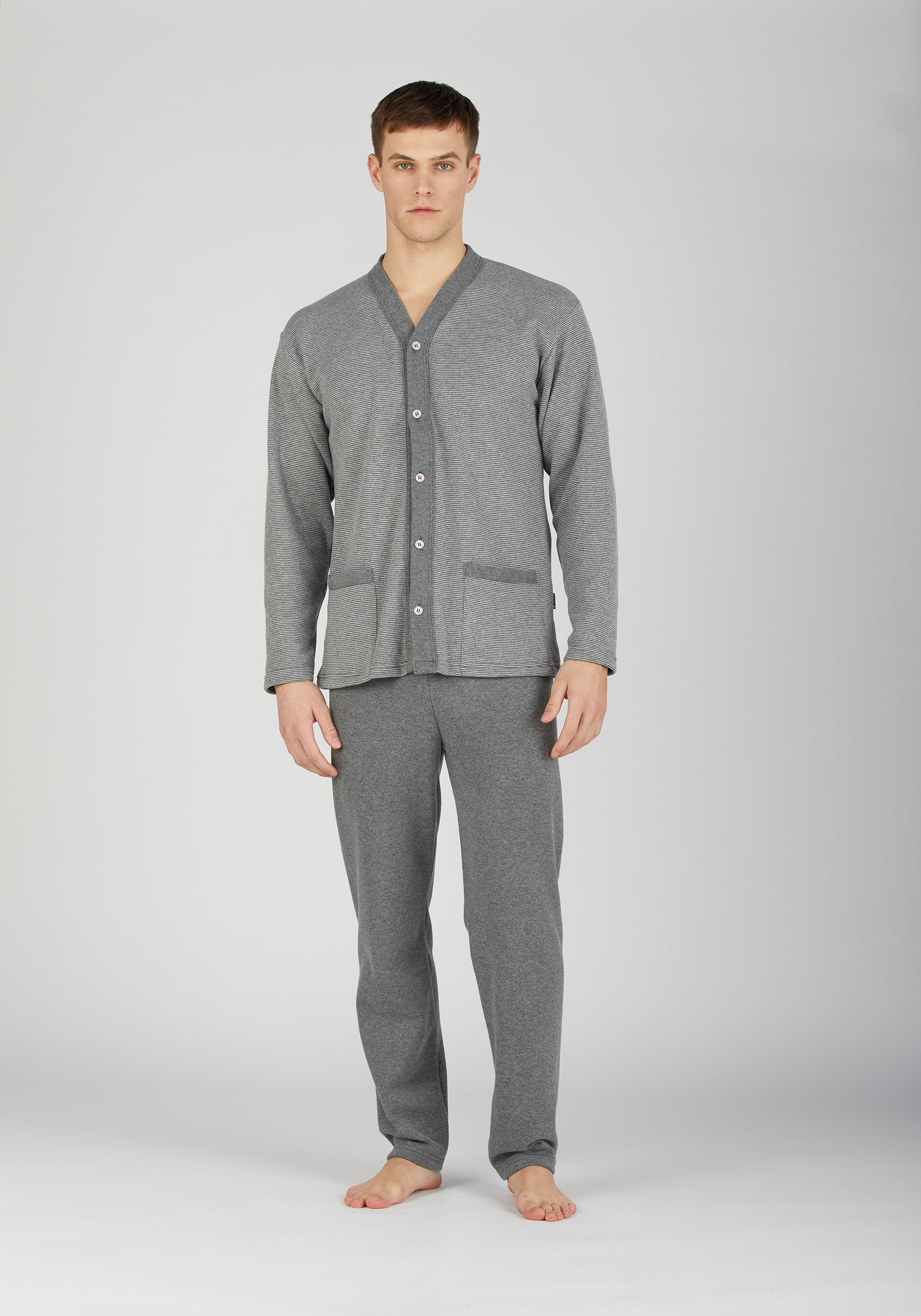 Pigiama Lungo Uomo In Cotone 2 Pezzi, Maniche Lunghe, Scollo A V Con Bottoni, Tasche, Motivo A Quadretti, Abbigliamento Notte Classico