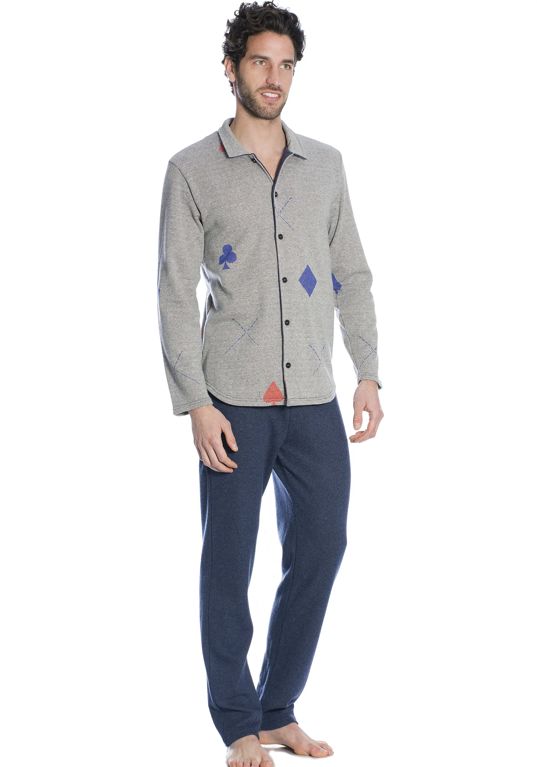 pigiama uomo in fiocco di cotone con collo a camicia e bottoni